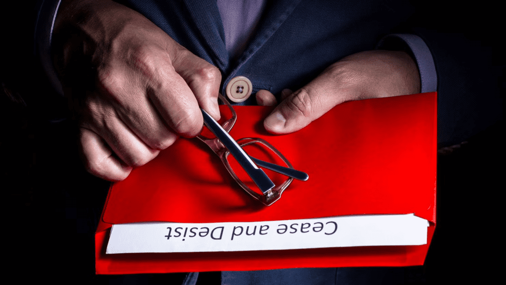 A man hand holding an eyeglass and a "Cease and Desist" text document inside a red envelop.