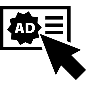 A black cursor clip art pointing to the word "AD" in a rectangular box with black border.