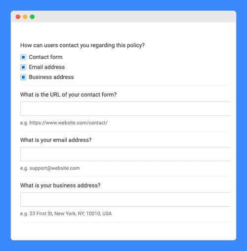 Contact details questionnaire for drafting the website's terms and conditions on a white background.