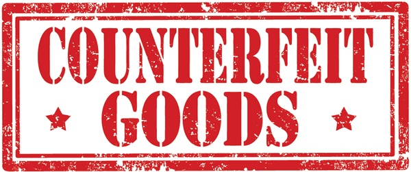 All capitalized "Counterfeit Goods" in red font and rectangular border