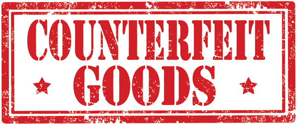 "COUNTERFEIT GOODS" written in red font with a rectangular border.