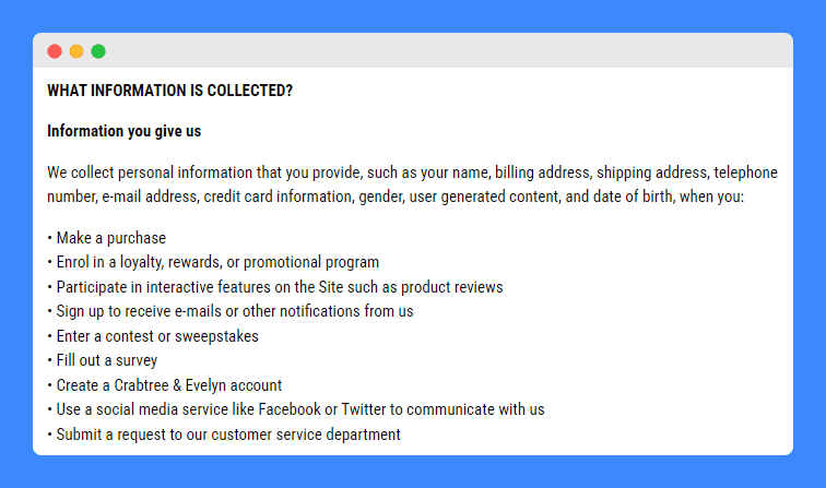 "What information is collected?" clause in Crabtree & Evelyn's Privacy Policy on a white background