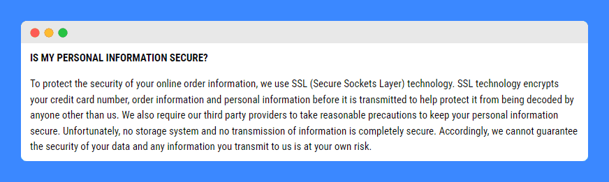 "My personal information secure?" clause in Crabtree & Evelyn's Privacy Policy on a white background