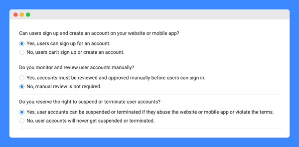 Customer account creation questionnaire for drafting the website's terms and conditions on a white background.