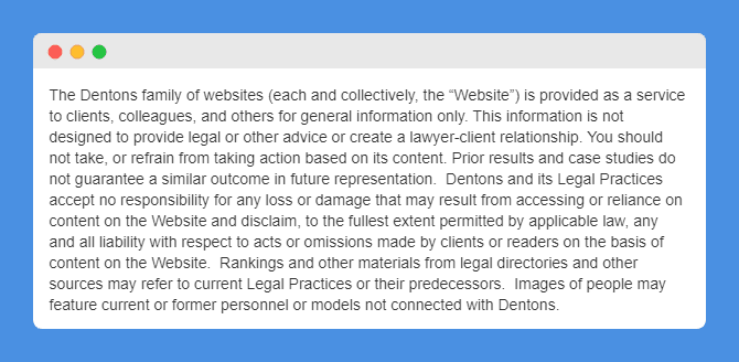 Legal Disclaimer clause in Dentons' Terms of Use on white background