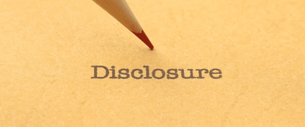 "Disclosure" black text on a light brown background image.