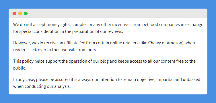 Disclaimer and disclosure clause in Dog Food Advisor's website