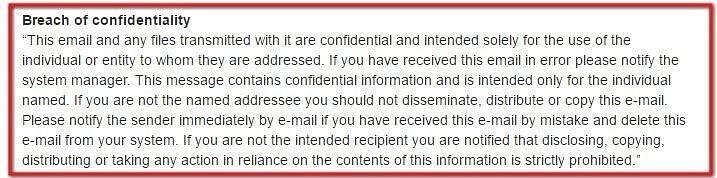 "Breach of confidentiality" in bold text and its clause as email disclaimer sample with red rectangular border.