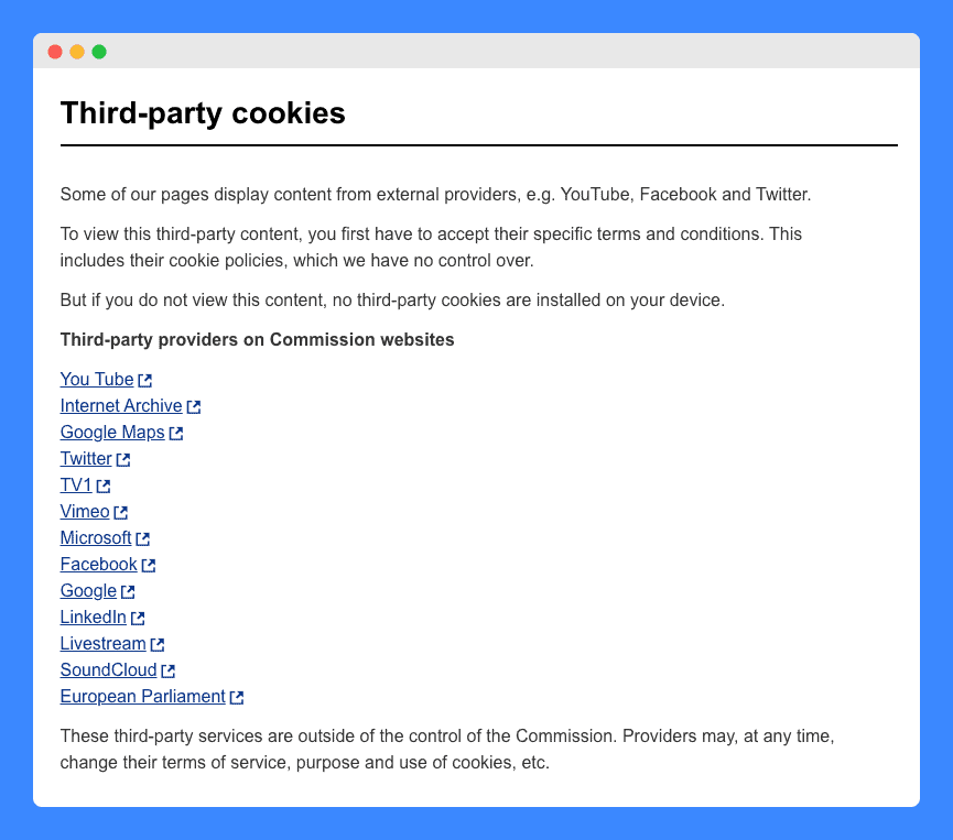 "Third-party cookies" clause and list of website links in European Commission cookie policy on white background