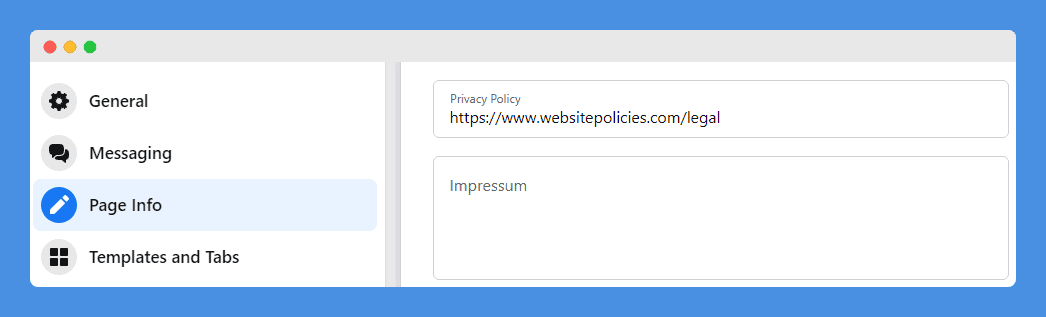 Privacy Policy text field with website policy URL located under Page Info on a white background