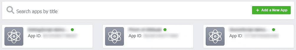 List of applications below the "Search apps by title" search bar in Facebook's developer apps page.