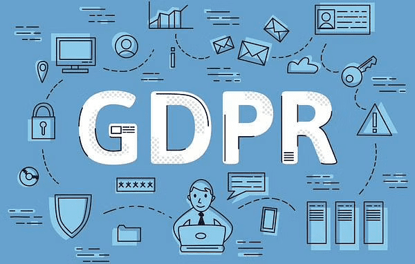 capitalized "GDPR" white text with line vector images relating to data, security and computers on a blue background