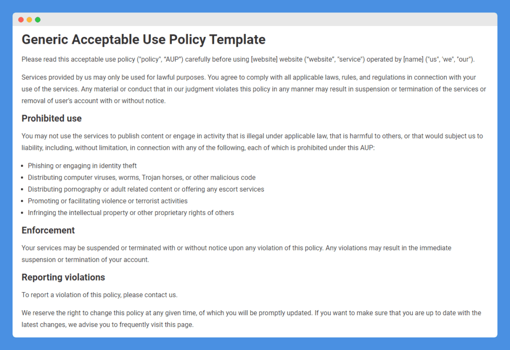 Sample "Generic Acceptable Use Policy Template" clause in a website on a white background