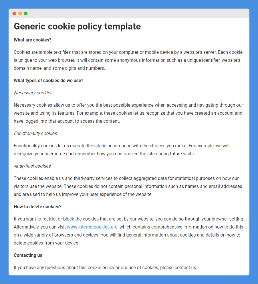 Sample of "Generic Cookie Policy Template" clause in a website on white background