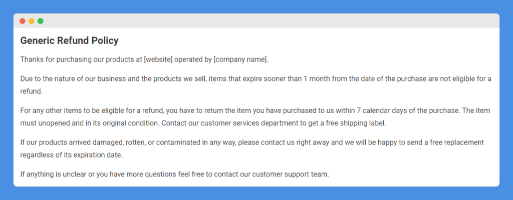 "Generic Refund Policy" clause for perishable product in a website on white background