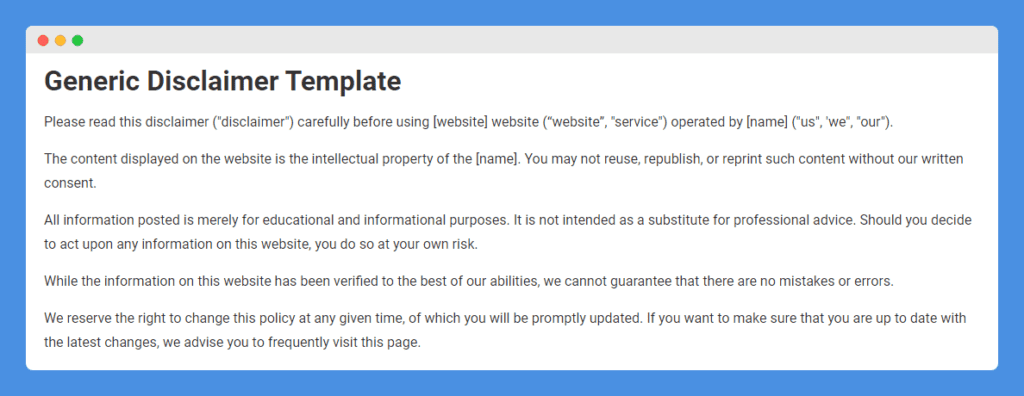 Sample "Generic Disclaimer Template" clause in a website on white background