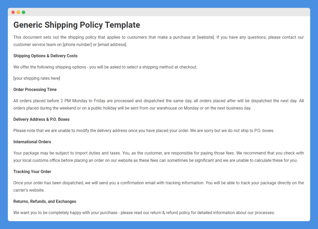 Generic Shipping Policy Template clause on a white background