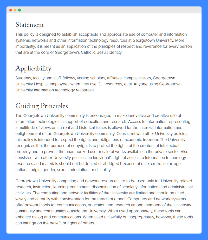 Statement, Applicability and Guiding Principles clause in Georgetown University's Acceptable use policy on a white background