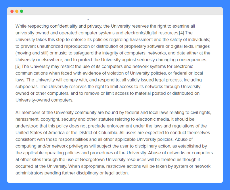 Administration and Implementation clause in Georgetown University's Acceptable use policy on a white background