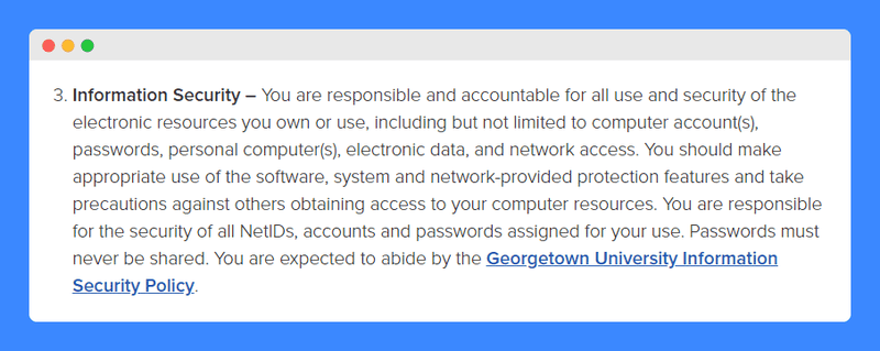 "Information Security" clause in Georgetown University's Acceptable use policy on a white background