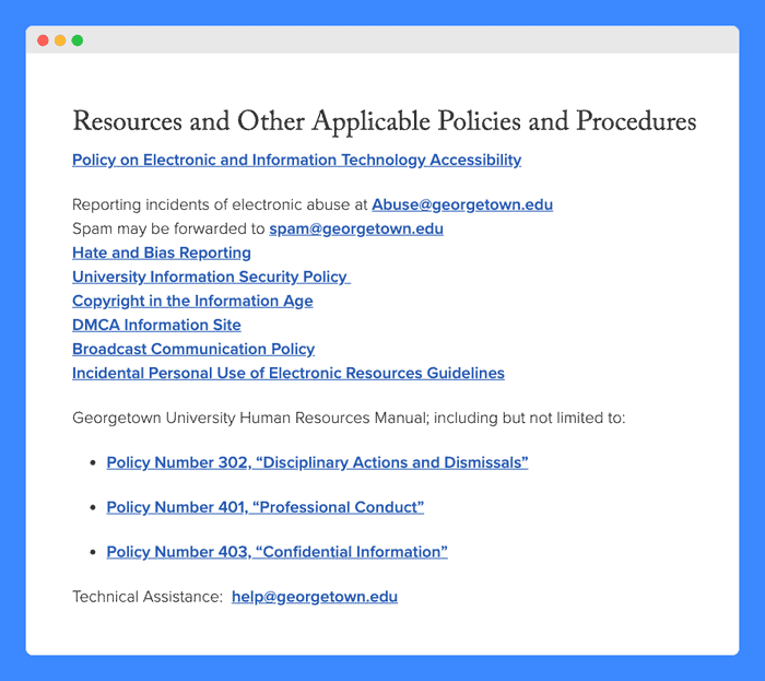Resources and Other Applicable Policies and Procedures listed links in Georgetown University's Acceptable use policy on a white background