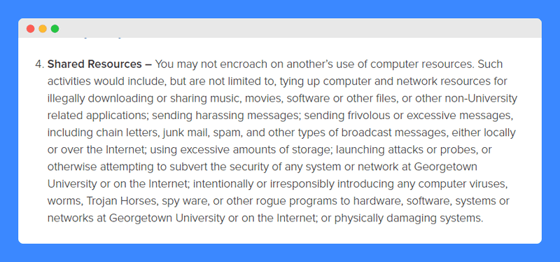 "Shared Resources" clause in Georgetown University's Acceptable use policy on a white background