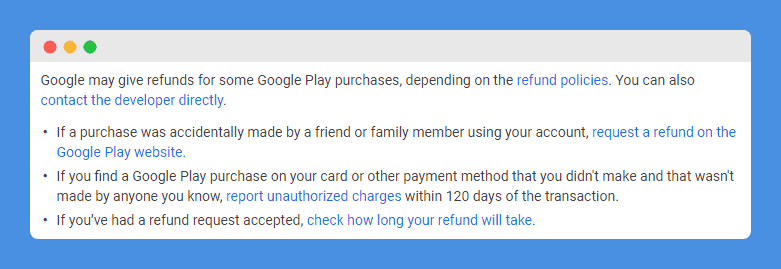 Refund Policy clause in Google Play's Return and Refund Policy on white background.