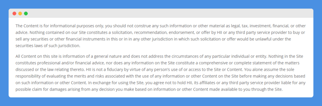 "No Investment Advice" clause in Harrington Investments, Inc's Legal Disclaimer on white background