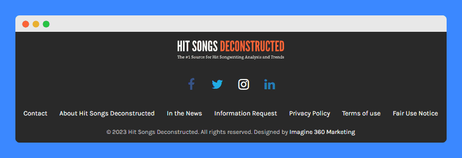 Hit Songs Deconstructed website footer with Fair Use Notice link on a black background.