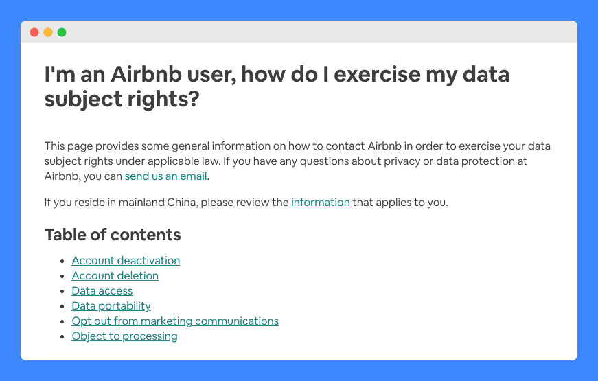 "I'm an Airbnb user, how do I exercise my data subject right?" clause with table of contents links in Airbnb's Privacy Policy on white background.