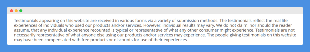 Testimonial Disclaimer clause in IdealShape's website on white background