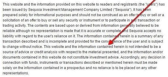 Red arrow pointing to a clause of Investment disclaimer sample.