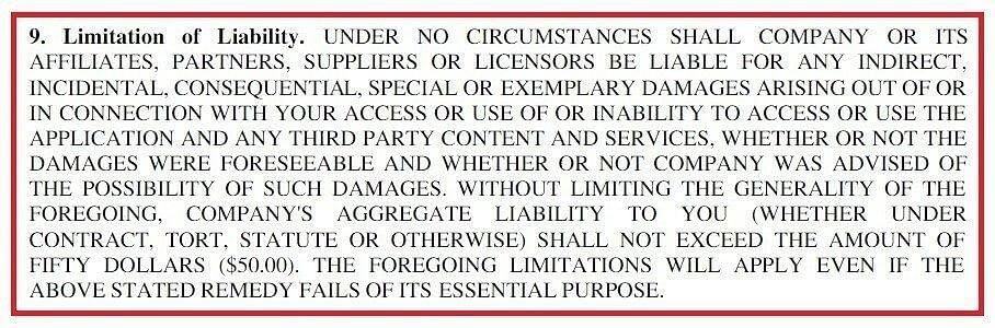 "Limitation of Liability"  bolded and disclaimer clause sample in all capital letters with red rectangular border.