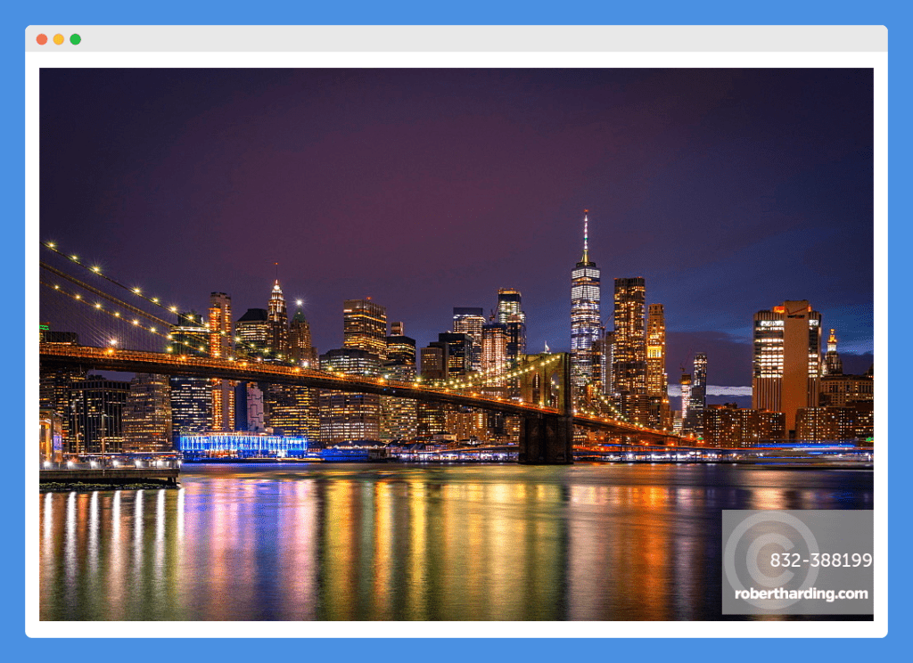 Manhattan Skyline photo with copyright symbol, website URL and contact details at the bottom left corner