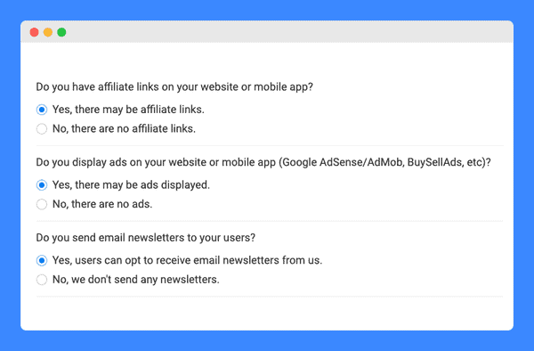 Marketing questionnaire for drafting the website's terms and conditions on a white background.