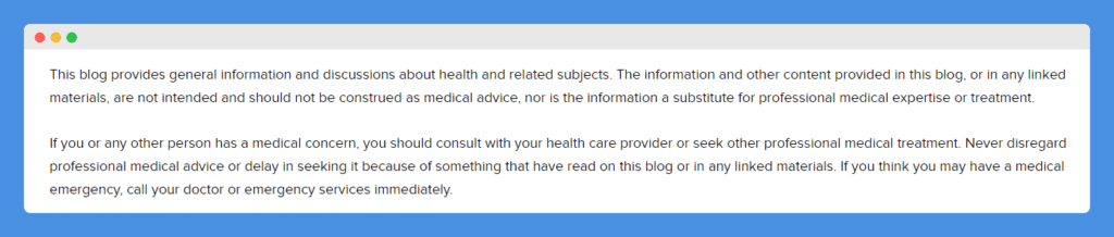Fitness Disclaimer clause in MelissaWoodHealth's website on white background