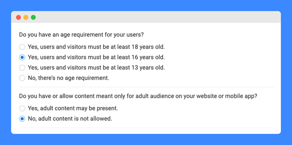 Minimum age requirement questionnaire for drafting the website's terms and conditions on a white background.