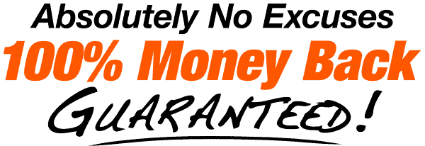 "Absolutely No Excuses" text in black font, "100% Money Back" text in orange font and "Guaranteed!" text in black font with underline