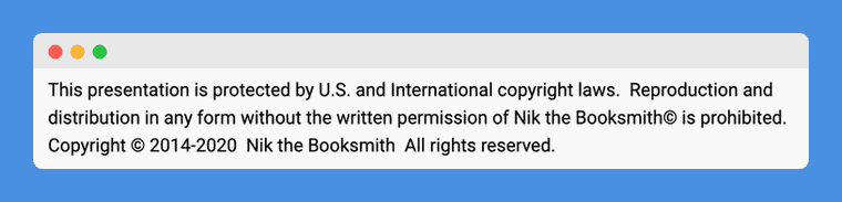 Copyright Notice clause in Nik the Booksmith's Youtube video description on a white background