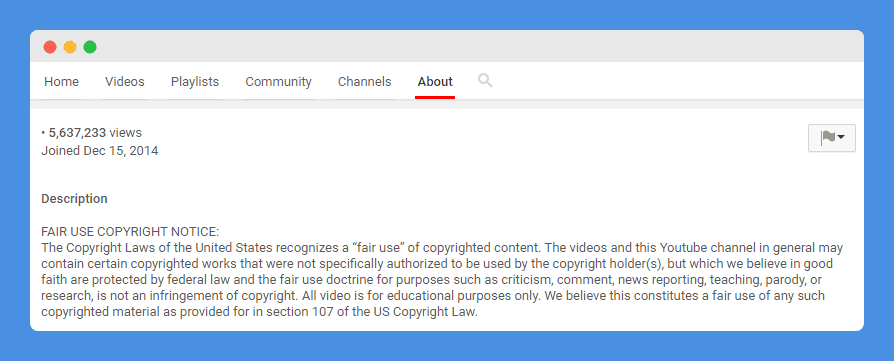 "Fair Use Copyright Notice" clause in Nik the Booksmith's Youtube channel about page on a white background