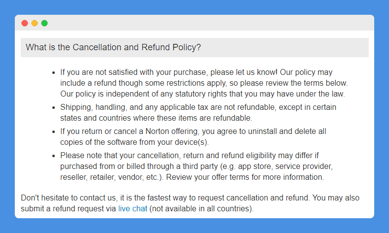 "What is the Cancellation and Refund Policy?" clause in Norton's Return and Refund Policy on white background.