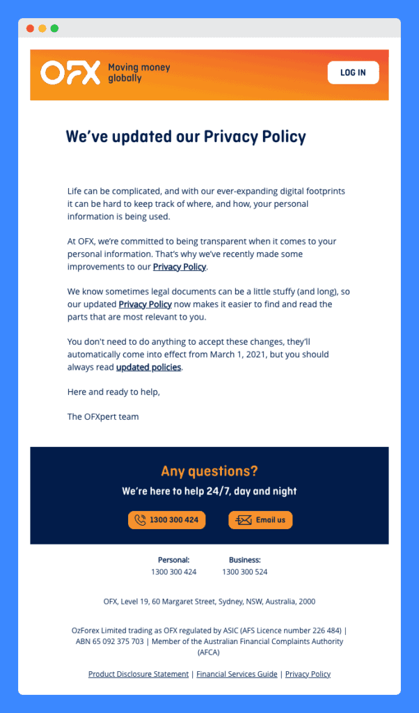 "OFX Moving money globally" text with login button on orange gradient background and "We've updated our Privacy Policy" clause in OFX Privacy Policy on white background.