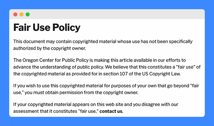 "Fair Use Policy" clause in Oregon Center for Public Policy's website on a white background.