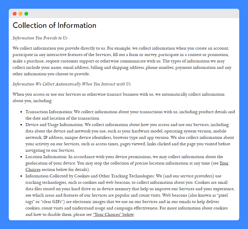 "Collection of Information" clause in Outdoor Voices' Privacy Policy on a white background
