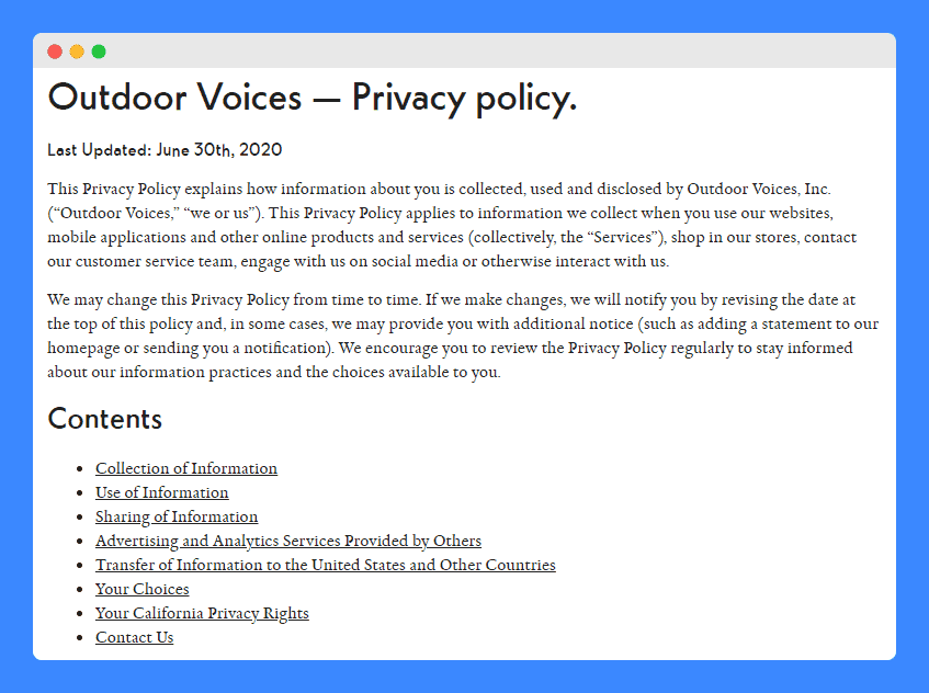 Privacy Policy with list of Contents links in Outdoor Voices' website on a white background