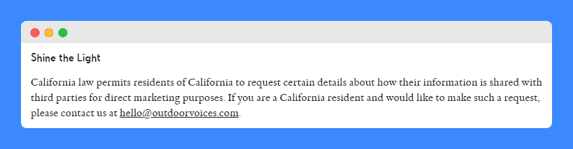 "Shine the Light" clause in Outdoor Voices' Privacy Policy on a white background