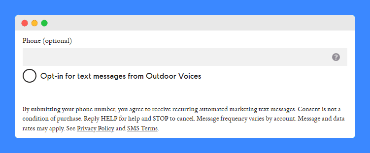 "Phone (optional)" textbox and phone submission agreement clause in Outdoor Voices's website on a white background