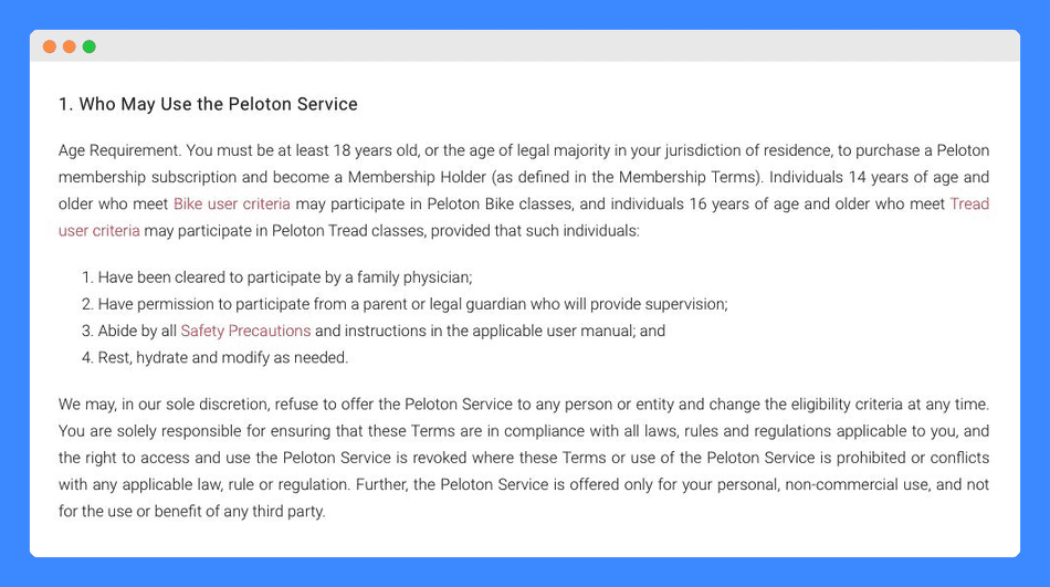 "Who May Use the Peloton Service" clause in Peloton's Terms and Condition