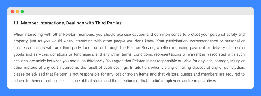 "Member Interactions, Dealings with Third Parties" clause in Peloton's Terms and Condition