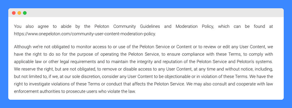 "Peloton Community Guidelines and Moderation Policy agreement" clause in Peloton's Terms and Condition